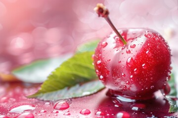 Sticker - Closeup of a ripe cherry with water droplets and a green leaf on a pink backdrop