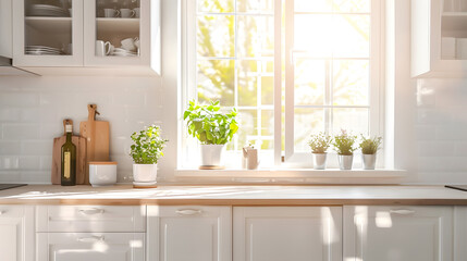 Wall Mural - Counter with white cabinets in light spacious kitchen with window in modern empty open plan stylish refurbished apartment : Generative AI