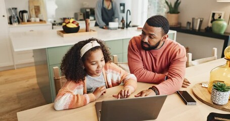 Aufkleber - Dad, girl and smile with laptop for teaching with research to study or read for knowledge, education and learning. Parent, kid and school project with support, care and help for child development