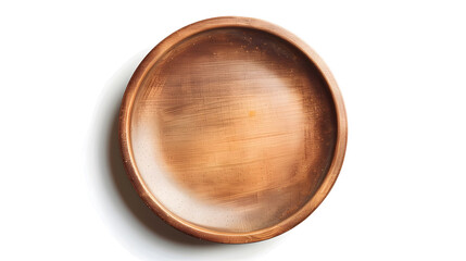 Aufkleber - Empty plate top isolated on white background Round brown rustic dish above view : Generative AI