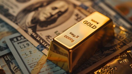 Poster - Gold bar on US dollar banknotes money, economy finance exchange trade investment concept.