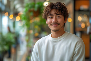 Wall Mural - Young asian man smiling in white sweatshirt in room with green plants, big window and warm lighting