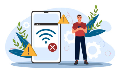 A man using a phone next to a giant smartphone with error icons, flat vector illustration on a light background, concept of connectivity issues