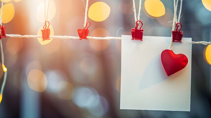 The Blank paper note hanging by red heart clips on wooden background for valentines day and love concept : Generative AI