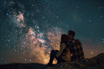 couple sitting on a mountain under a starlit sky. stargazing and observation concept. adventure and 