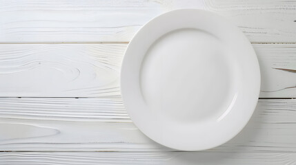Aufkleber - An empty plate on a white wooden table Top view : Generative AI
