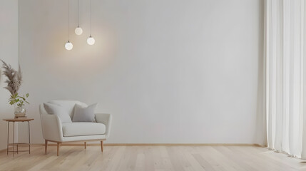 Aufkleber - Interior living room wall mockup with sofa chair side table and hanging lights on white wall background with wooden flooring : Generative AI