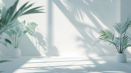 Fototapete - Abstract white studio background for product presentation Empty room with shadows of window and flowers and palm leaves  3d room with copy space Summer concert Blurred backdrop : Generative AI