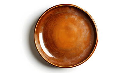 Aufkleber - Empty plate top isolated on white background Round brown rustic dish above view : Generative AI