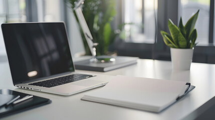 Aufkleber - Office table with blank notepad and laptop : Generative AI
