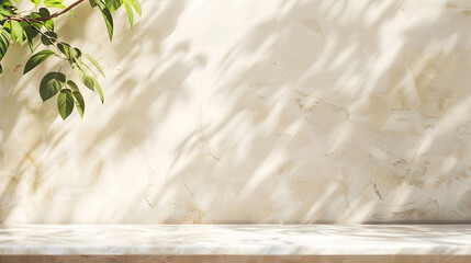 Leinwandbilder - Minimal empty white marble stone counter table top green tree in sunlight leaf shadow on beige brown stucco cement wall : Generative AI