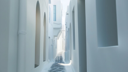 Poster - A vertical shot of a narrow pathway in the middle of white buildings : Generative AI