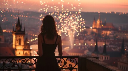 Wall Mural - A graceful lady standing watching fireworks show with a view of historic buildings in the city of Prague, Czech Republic in Europe.
