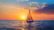 Lonely yacht with white sail in open sea at sunset