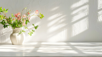 Wall Mural - Table background of free space and kitchen interiorWhite wall with shadows and sunny warm morning timeCopy space for your composition Easter table with spring flowers in a sunny April  : Generative AI