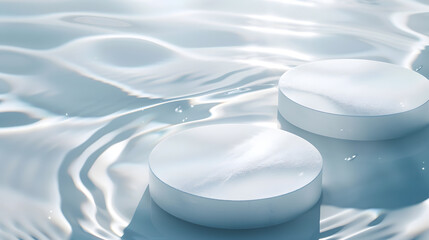 Aufkleber - Two empty clear white circle podiums on transparent calm water texture with splashes and waves in sunlight Abstract nature background for product presentation Flat lay cosmetic mockup  : Generative AI