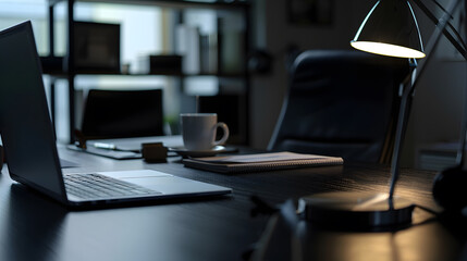 Leinwandbilder - Desk workspace  Business Objects in the office on black table background : Generative AI