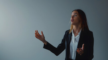 Aufkleber - Beautiful Business Woman presenting something on grey background : Generative AI