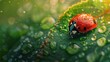 Macro photography of a ladybug stuck on a wet leaf