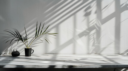 Poster - White wooden desk of free space and wall with shadows White and black napkin decoration : Generative AI
