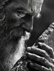 Poster - A man with a beard and a stone in his hand