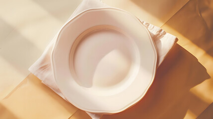 Aufkleber - Top view on colored background empty round white plate on tablecloth for food Empty dish on napkin with space for your design : Generative AI