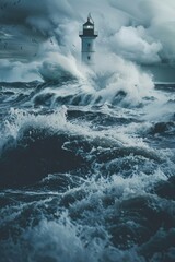 Canvas Print - A lighthouse is in the middle of a rough sea