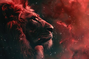 A lion is staring at the camera with a red background