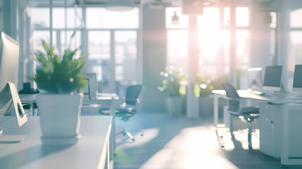 Aufkleber - Beautiful blurred background of a light modern office interior with panoramic windows and beautiful lighting : Generative AI