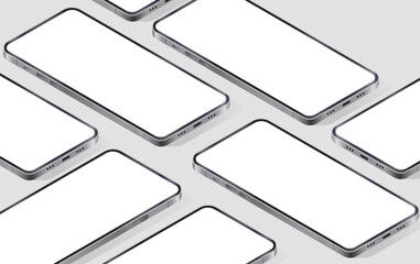Poster - Isometric vector phone mockup - Template of mobile phones laying showing blank white screen in perspective view on grey background