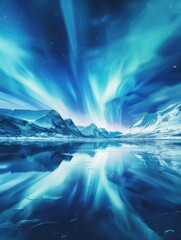Wall Mural - The image is of a beautiful blue sky with a reflection of mountains in the water