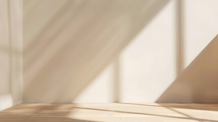 Aufkleber - Aesthetic geometric sunlight shadows on a white textured wall and beige wooden floor empty template for home room interior product background for branding design showcase copy space : Generative AI