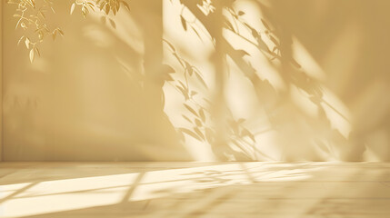 Poster - Minimalistic abstract gentle light beige background for product presentation with light andand intricate shadow from the window and vegetation on wall : Generative AI