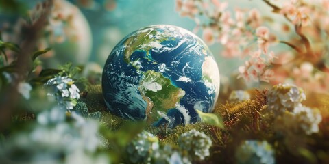 Sticker - A blue and green planet is surrounded by flowers and grass