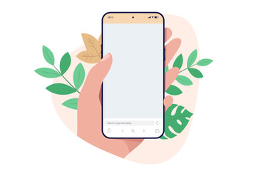 Poster - Phone in hand vector mockup - Template of mobile smartphone with empty blank screen in front view flat design with floral leaves decoration and white background