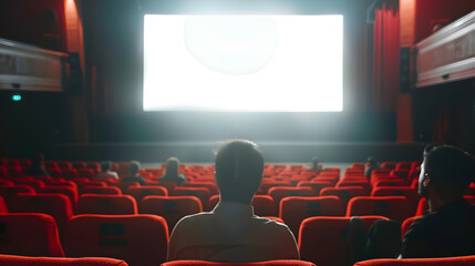 Aufkleber - Cinema blank screen and people in red chairs in the cinema hall Blurred People silhouettes watching movie performance : Generative AI