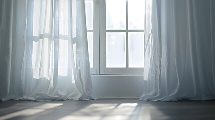 Aufkleber - Backlit window with white curtains in empty room : Generative AI