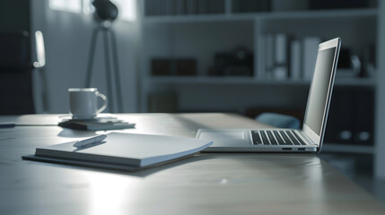 Leinwandbilder - Office table with blank notepad and laptop : Generative AI