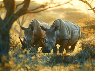 Sticker - Two rhinos are walking in the grass, one of them is eating