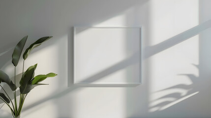 Fototapete - Mockup rectangle frame in minimalist interior background Empty frame with natural sunlight on white wall : Generative AI