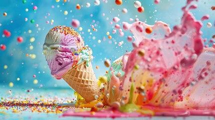 Wall Mural - Delicious ice cream explosion on blue background