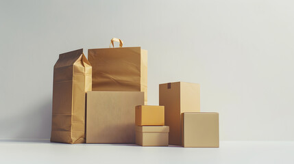 Poster - Cardboard boxes and paper bag isolated on white : Generative AI