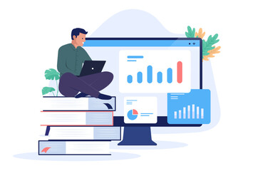Fototapete - Man learning and studying business charts and graphs while sitting on stack of books with laptop, working and reading. Research and education concept in flat design vector illustration