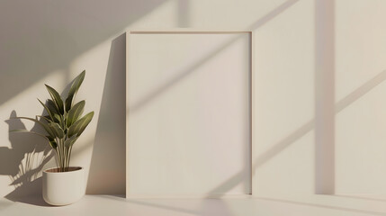 Fototapete - Mockup rectangle frame in minimalist interior background Empty frame with natural sunlight on white wall : Generative AI
