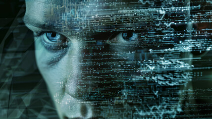 the face of a human being with an array of code stock photo,generative ai