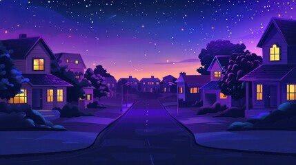 An illustration of a quiet suburban street at night, featuring a house with lights on, under a dark sky.

