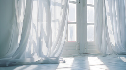 Aufkleber - Backlit window with white curtains in empty room : Generative AI