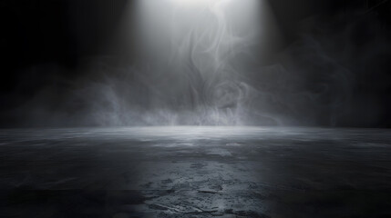Poster - Abstract image of dark room concrete floor Black room or stage background for product placementPanoramic view of the abstract fog White cloudiness mist or smog moves on black backgroun : Generative AI