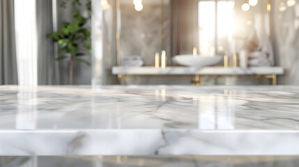 Poster - Empty marble top table with blurred bathroom interior Background for product display montage : Generative AI