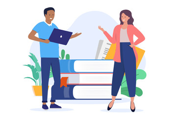 Leinwandbilder - People and books - Adult man and woman standing in front of stack of school and learning book, talking and discussing. Education, research and knowledge concept in flat design vector illustration